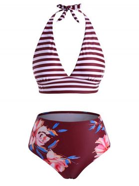 Halter Striped Floral Bikini Swimwear