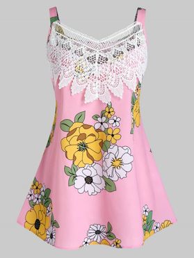 Plus Size Flower Printed Guipure Lace Panel Tank Top