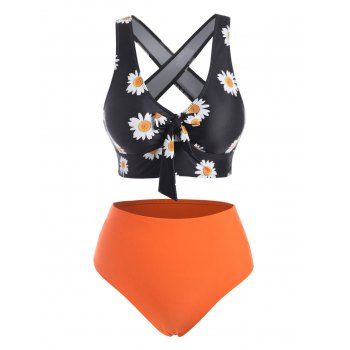 

Crisscross Side Boning Daisy Print Tankini Swimwear, Dark orange