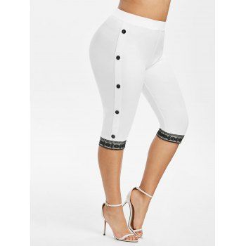 

Plus Size Mock Buttons Lace Insert Cropped Leggings, White