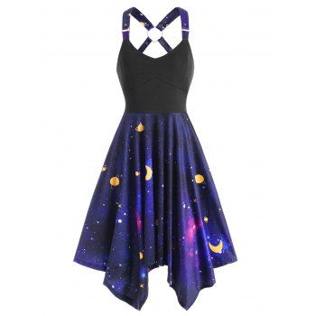 

Galaxy Print Contrast Handkerchief O Ring Corset Style Cami Dress, Black
