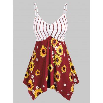 

Plus Size Striped Sunflower Print Handkerchief Tank Top, Red wine