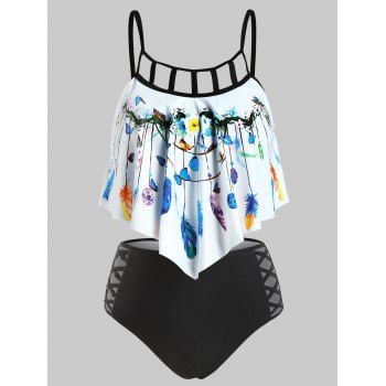 

Butterfly and Feather Print Criss-cross Tankini Set, Black