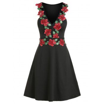 

Floral Embroidered Applique Plunge A Line Tank Dress, Black