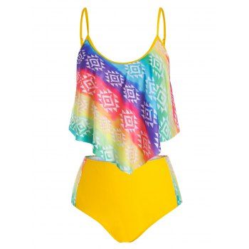 

Plus Size Asymmetric Flounce Rainbow Tie Dye Tankini Swimwear, Multicolor