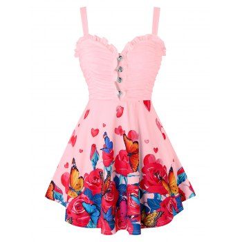 

Plus Size Butterfly Flower Sweetheart Neck Tank Top, Pink