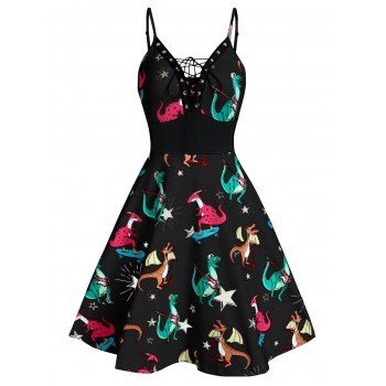 

Summer Cartoon Dinosaur Print Lace Up High Waisted Mini Cami Dress, Black