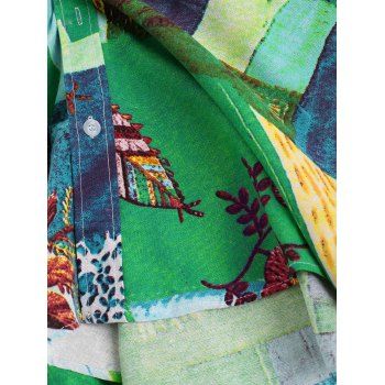 

Leaf Pattern Block Short Sleeve Ethnic Shirt, Multicolor a
