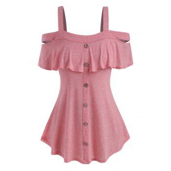 

Plus Size Cold Shoulder Ruffled Mock Button T Shirt, Pink