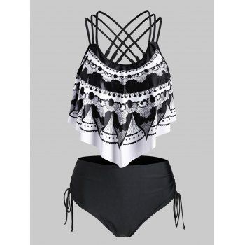 

Ethnic 3D Lace Print Flounce Strappy Cinched Tankini Swimwear, Black