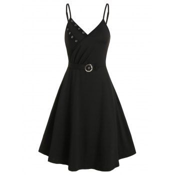 

Plain Grommet Belted Cami A Line Dress, Black