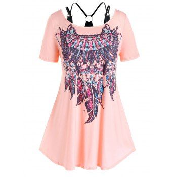 

Plus Size Faux Twinset Feather Print T Shirt, Rose