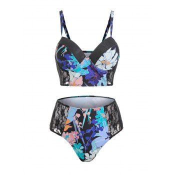 

Floral Print Sheer Lace Insert Underwire Tankini Swimwear, Black