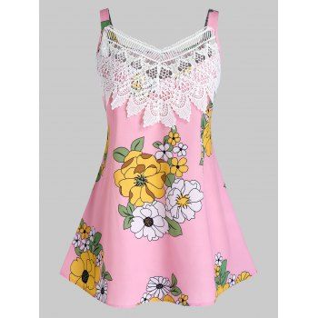 

Plus Size Flower Printed Guipure Lace Panel Tank Top, Pink