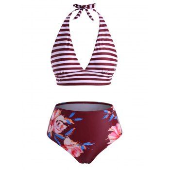 

Halter Striped Floral Bikini Swimwear, Red wine