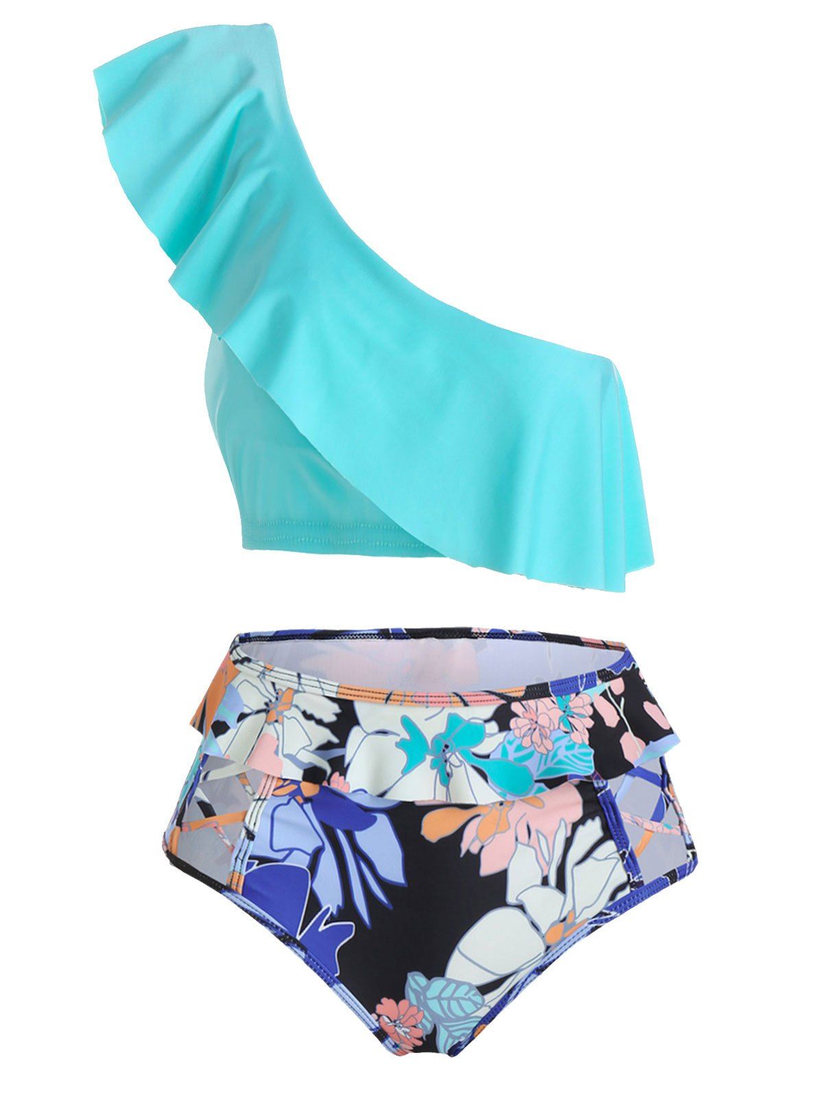 One Shoulder Floral Print Flounce Padded Tankini Swimwear - MEDIUM TURQUOISE M