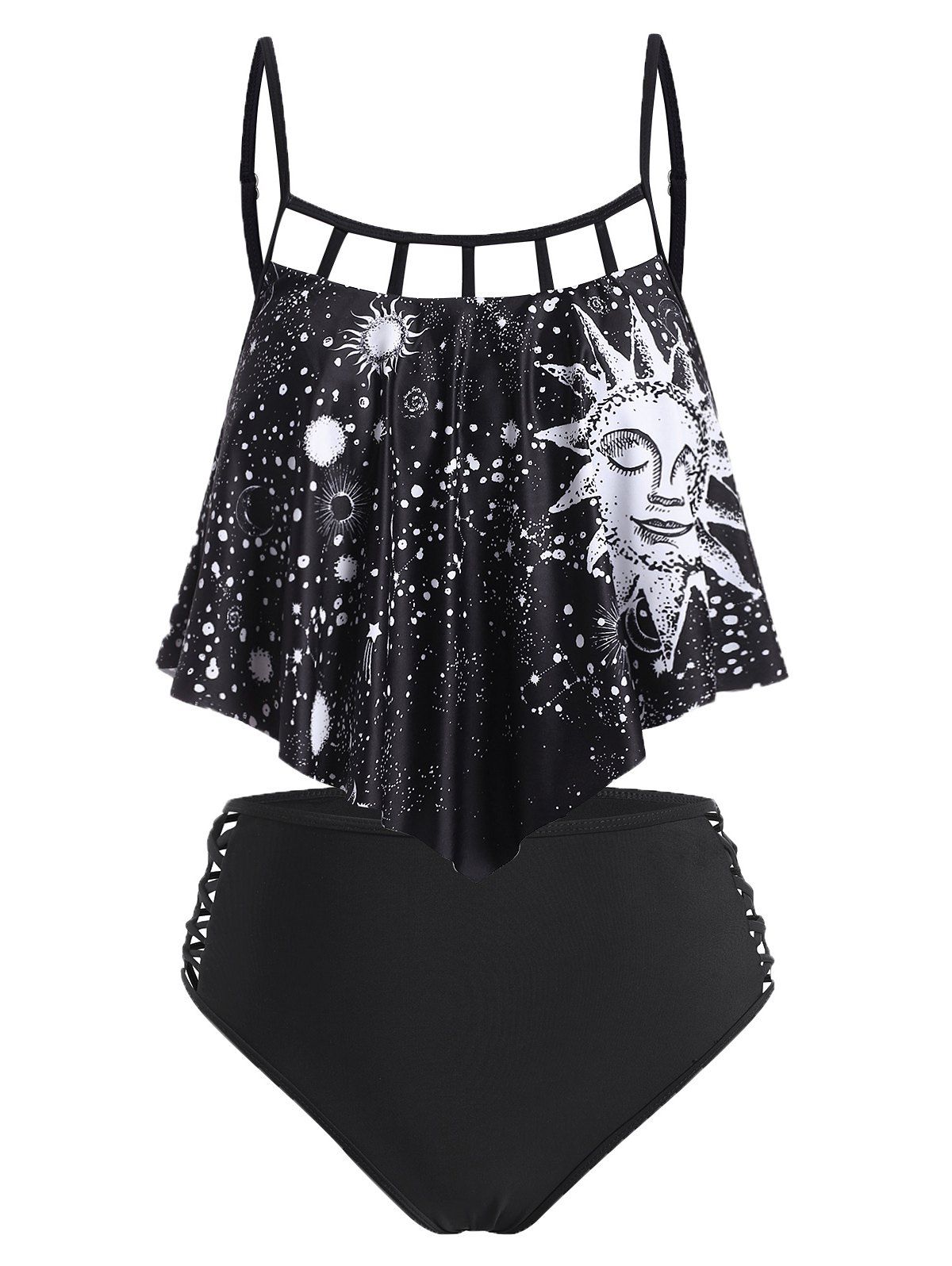 Gothic Tankini Swimwear Astrology Sun Star Moon Print Swimsuit Flounce Lattice Beach Bathing Suit - BLACK 2XL