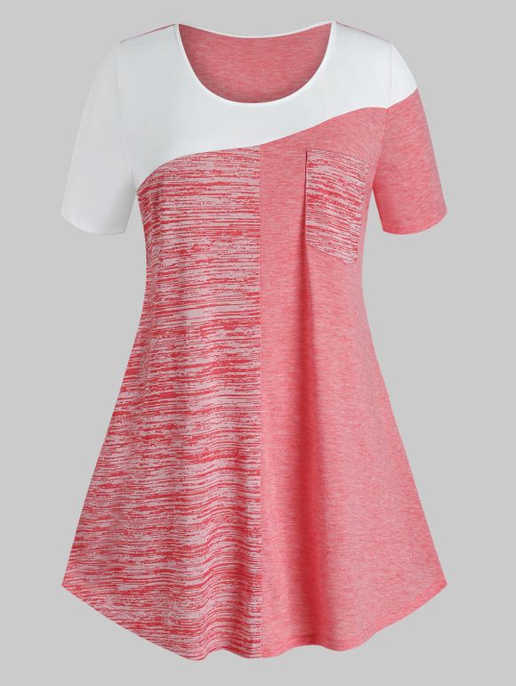 T-shirt en Blocs de Couleurs avec Poche de Grande Taille - Rose Pastèque L