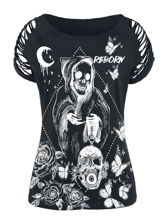 T-shirt Gothique Fleuri Crâne Imprimée Découpé de Grande Taille - Noir 5X