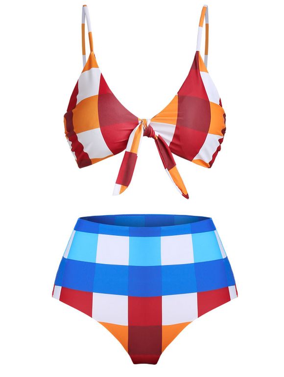 Plaid Print Swimwear High Rise Front Knot Padded Bikini Swimsuit - multicolor A L