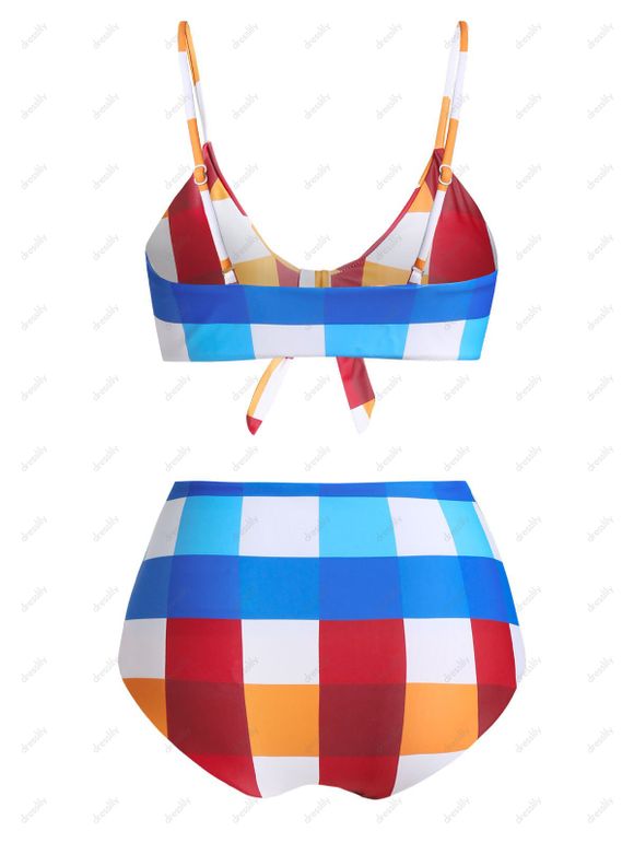 Maillot de Bain Bikini Matelassé Noué en Avant à Carreaux Imprimé - multicolor A 3XL
