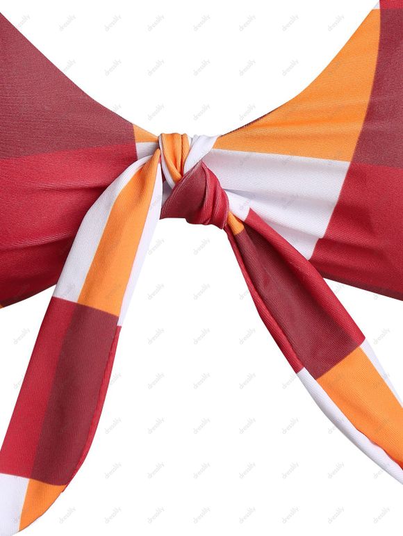 Maillot de Bain Bikini Matelassé Noué en Avant à Carreaux Imprimé - multicolor A 3XL
