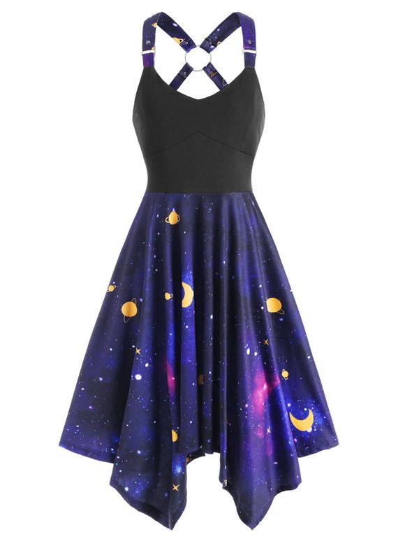 Robe Asymétrique Galaxie Imprimée avec Anneau - Noir 2XL