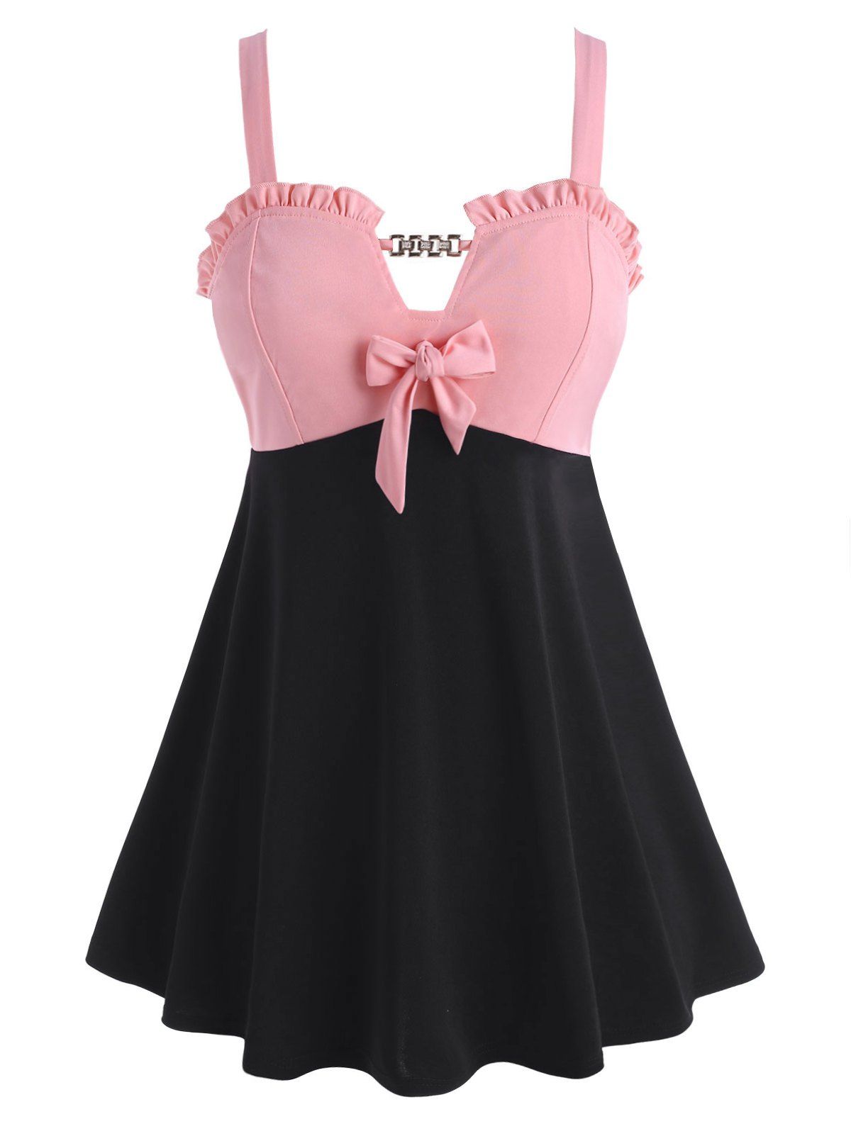 

Frilled Trim Colorblock Knotted Plus Size Tank Top, Light pink