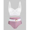 Maillot de Bain Tankini Bouclé en Couleur Contrastée à Taille Haute - Rose Kaki M