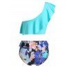 One Shoulder Floral Print Flounce Padded Tankini Swimwear - MEDIUM TURQUOISE M