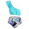 Maillot de Bain Tankini Matelassé Imprimé Fleuri à Une Epaule à Volants - Turquoise Moyenne XL
