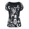 T-shirt Gothique Fleuri Crâne Imprimée Découpé de Grande Taille - Noir 5X