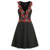 Mini-Robe Fleurie Brodée sans Manches Col en V - Noir L