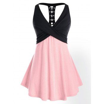 

Plus Size Lace Up Crossover Two Tone Tank Top, Pig pink