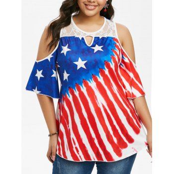 

American Flag Open Shoulder Lace Panel Plus Size Top, Red