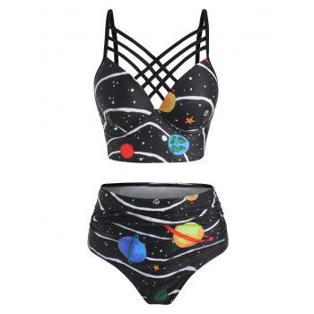 Star Planet Galaxy Print Caged Underwire Tankini Swimwear