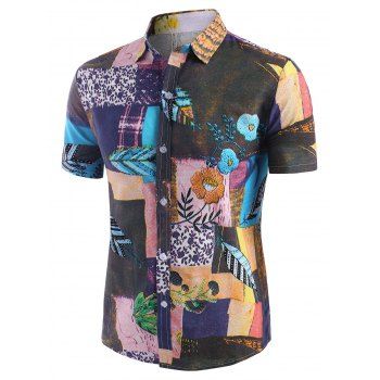 

Leaf Pattern Block Short Sleeve Ethnic Shirt, Multicolor b