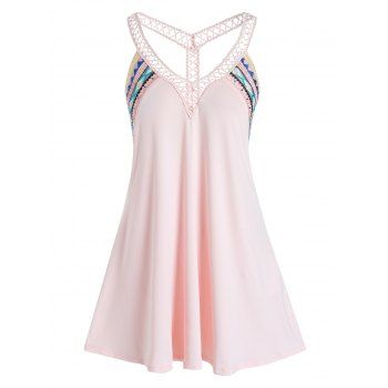 

Plus Size Crochet Trim Geometric Embroidered Tank Top, Pink