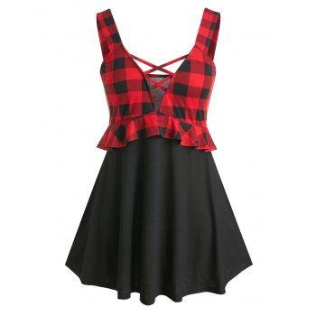 

Plus Size Plaid Print Peplum Tank Top, Black