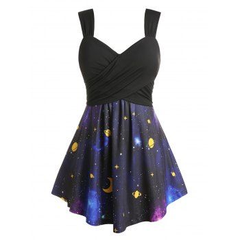 

Plus Size Planet Print Galaxy Crossover Ruched Tank Top, Black