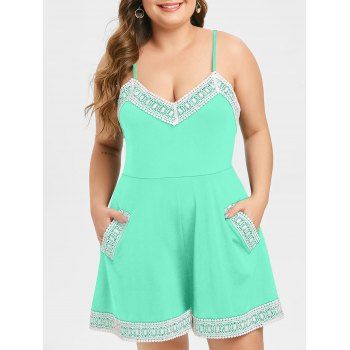 

Plus Size Spaghetti Strap Lace Trim Romper, Aquamarine