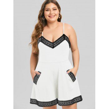 

Plus Size Spaghetti Strap Lace Trim Romper, White