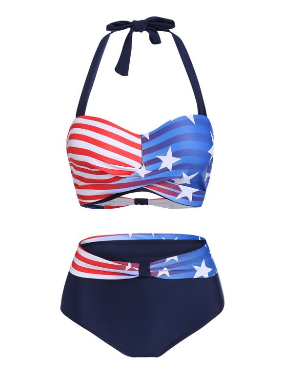 Maillot de Bain Bikini Drapeau Américain Imprimé à Col Halter - Noir 3XL