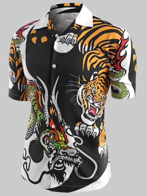 Chemise Boutonnée Dragon et Tigre Imprimés - Noir 2XL