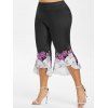 Pantalon Evasé Capri Fleuri à Ourlet Haut Bas de Grande Taille - Noir 5X