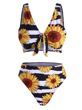 Sunflower Floral Print Knot High Leg Bikini Swimwear