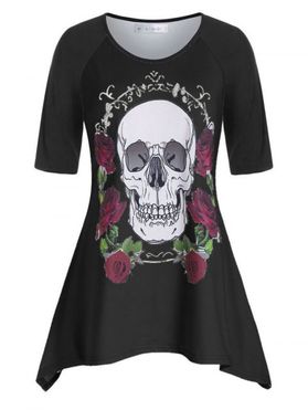 Plus Size Raglan Sleeve Rose Skull Print T Shirt