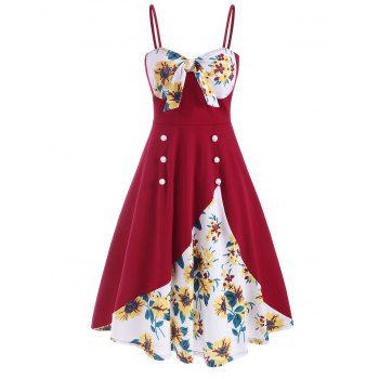 

Mock Buttons Knotted Sunflower Cami Dress, Red wine