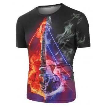 

Fire Guitar Graphic Crew Neck Leisure T Shirt, Black