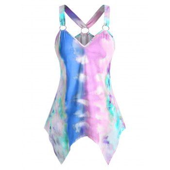 

Plus Size Tie Dye O Ring Hanky Hem Tank Top, Light blue